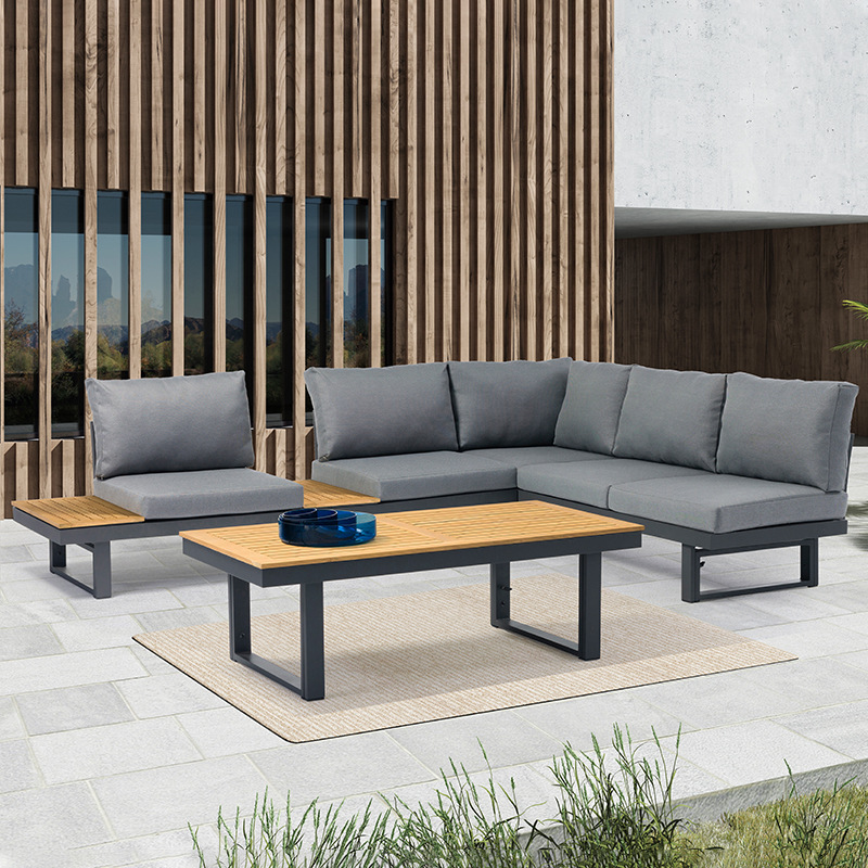 Modern Hotel Home Outdoor Patio Garden Wooden Living Room Furniture Aluminum Frame Teak Sectional Corner Sofa with Side Coffee Table TG-NI33
