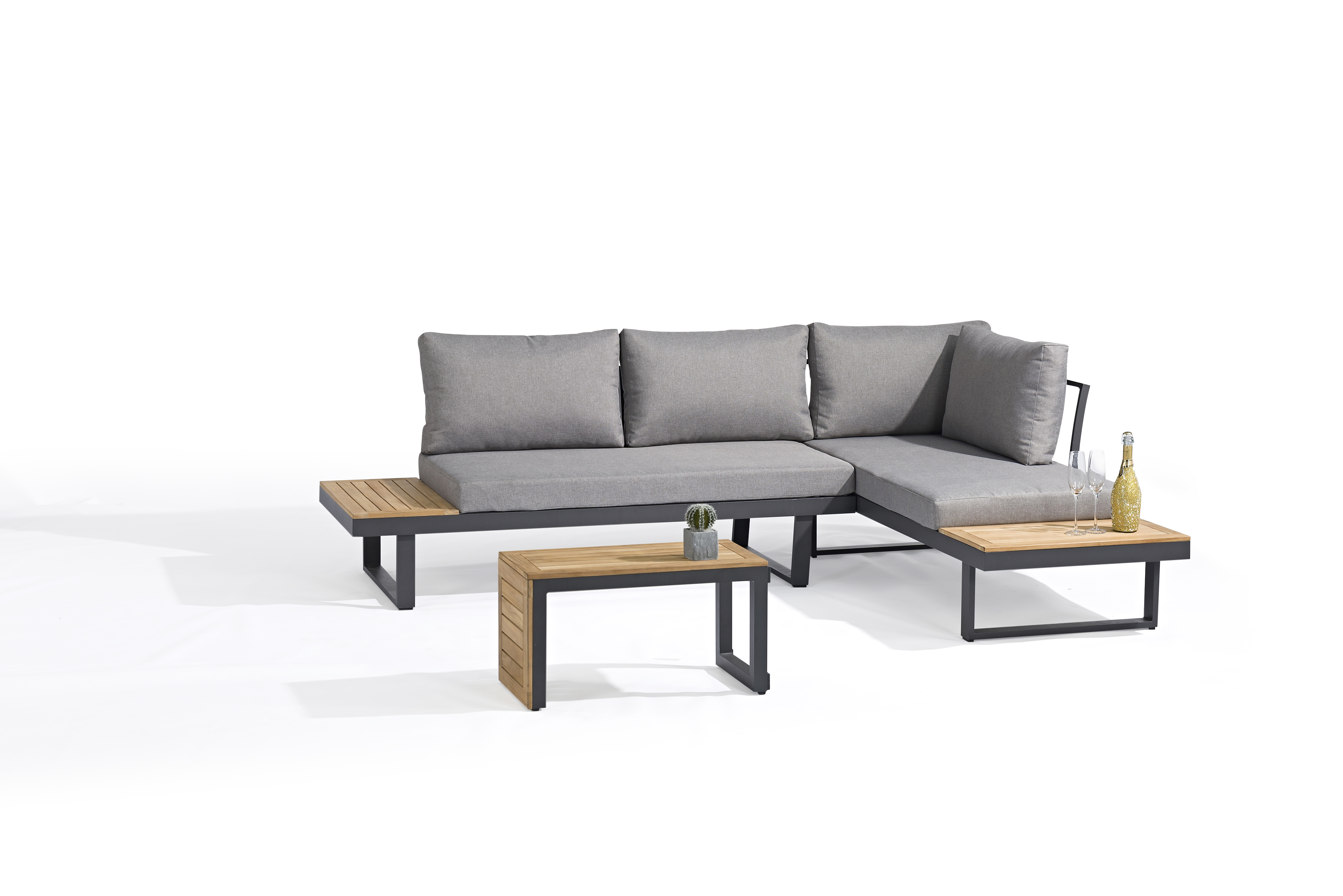 Outdoor Home Hotel Furniture Aluminium Frame Wooden Free Sectional Lounge Corner Sofa Set